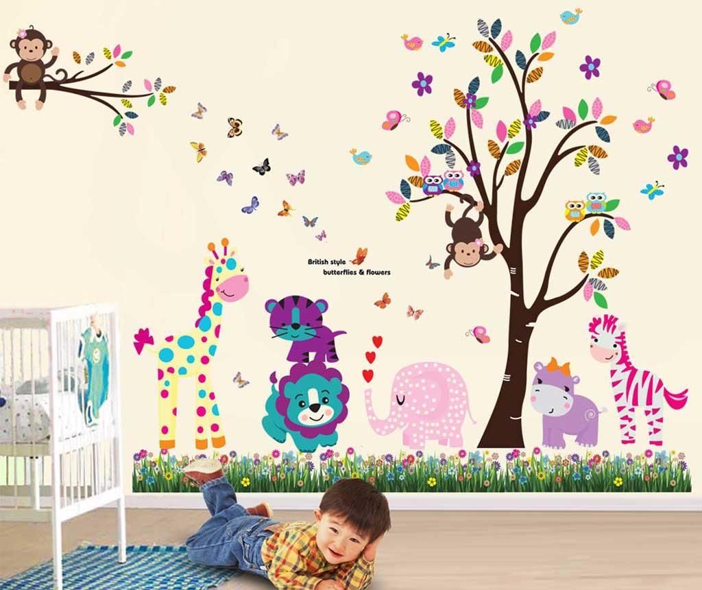 Sticker Happy Animals Tree and Grass – Wallplus, Roz,Multicolor vivre.ro